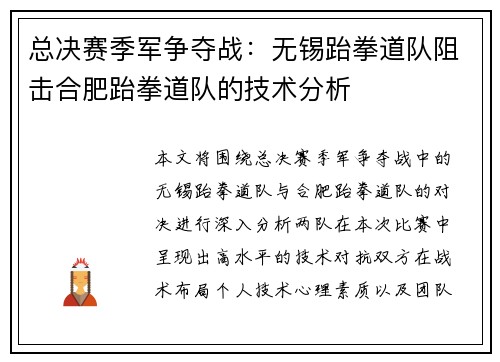 总决赛季军争夺战：无锡跆拳道队阻击合肥跆拳道队的技术分析