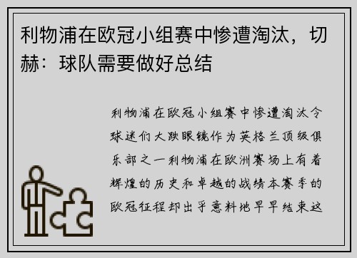 利物浦在欧冠小组赛中惨遭淘汰，切赫：球队需要做好总结