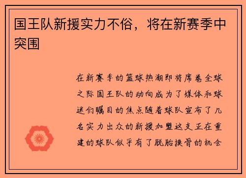 国王队新援实力不俗，将在新赛季中突围